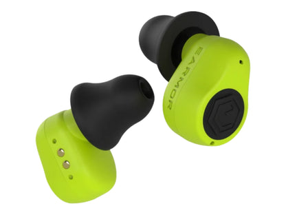 Pair of lime green Earmor M23T AI earbuds shown close up with black foam tips