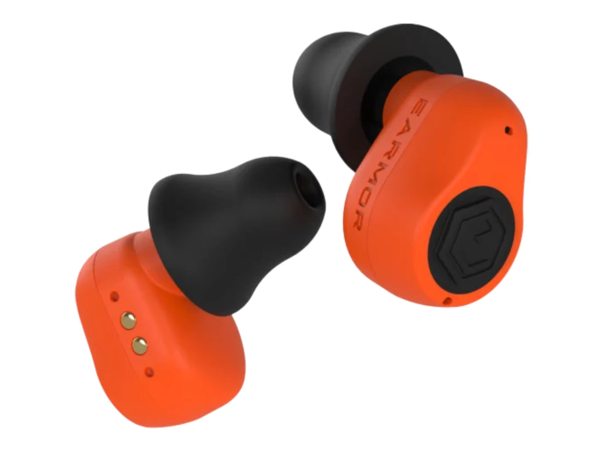 Pair of orange Earmor M23T AI earbuds shown close up with black foam tips