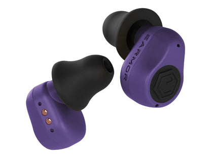 Pair of purple Earmor M23T AI earbuds shown close up with black foam tips