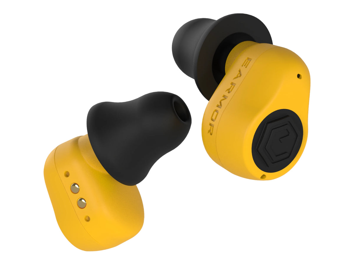 Pair of yellow Earmor M23T AI earbuds shown close up with black foam tips