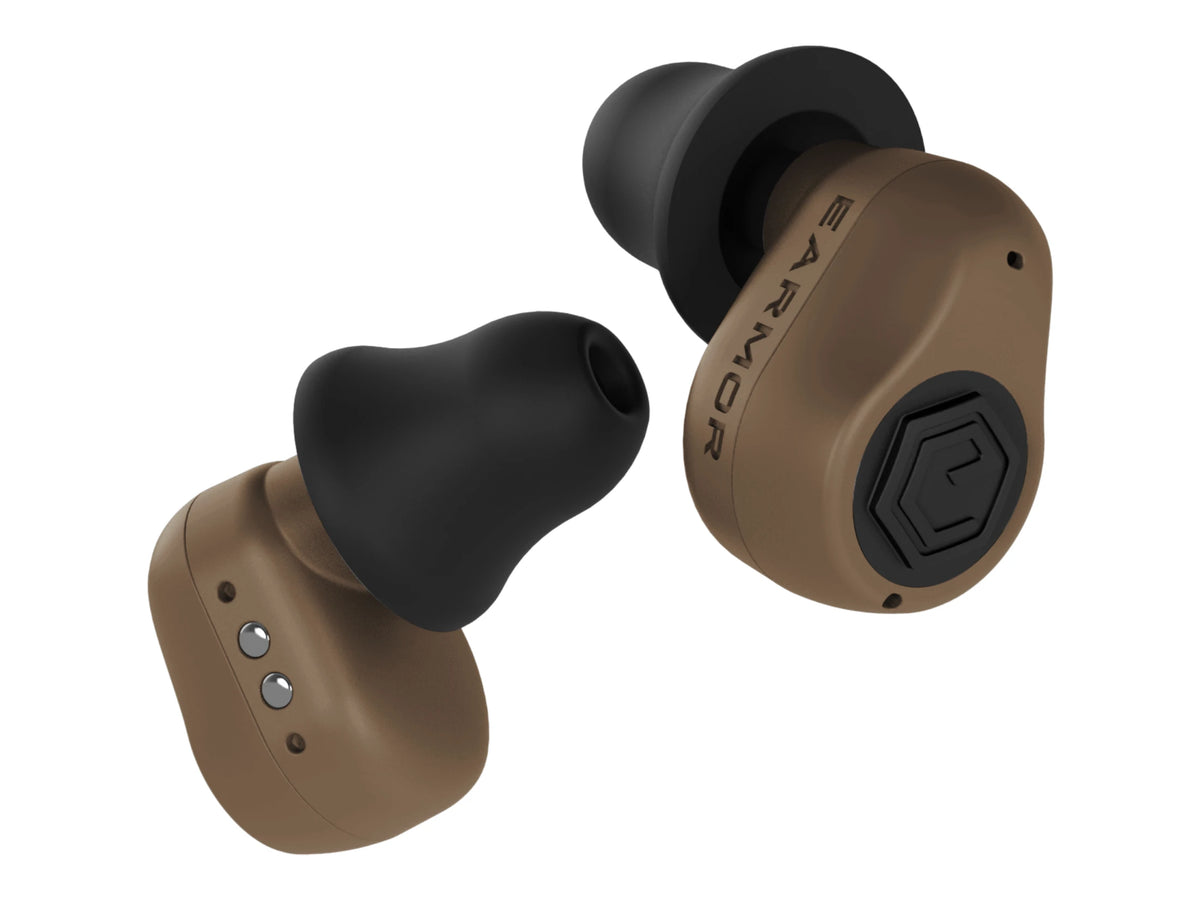 Pair of coyote brown Earmor M23T AI earbuds shown close up with black foam tips