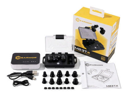 Earmor M23T AI box contents: earbuds in the charging case, spare tips, USB cable and manual