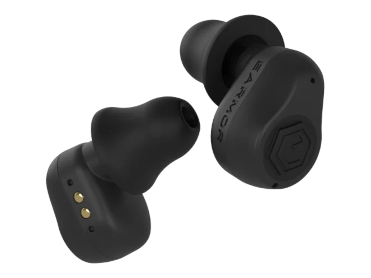 Pair of black Earmor M23T AI earbuds close up with their foam tips and charging contacts