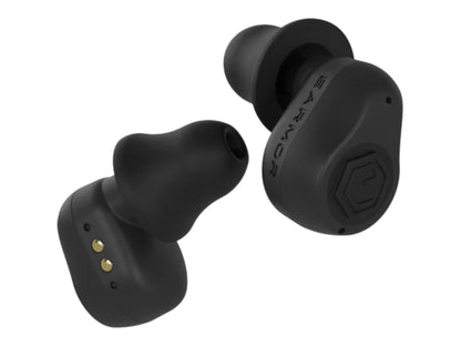 Pair of black Earmor M23T AI earbuds close up with their foam tips and charging contacts