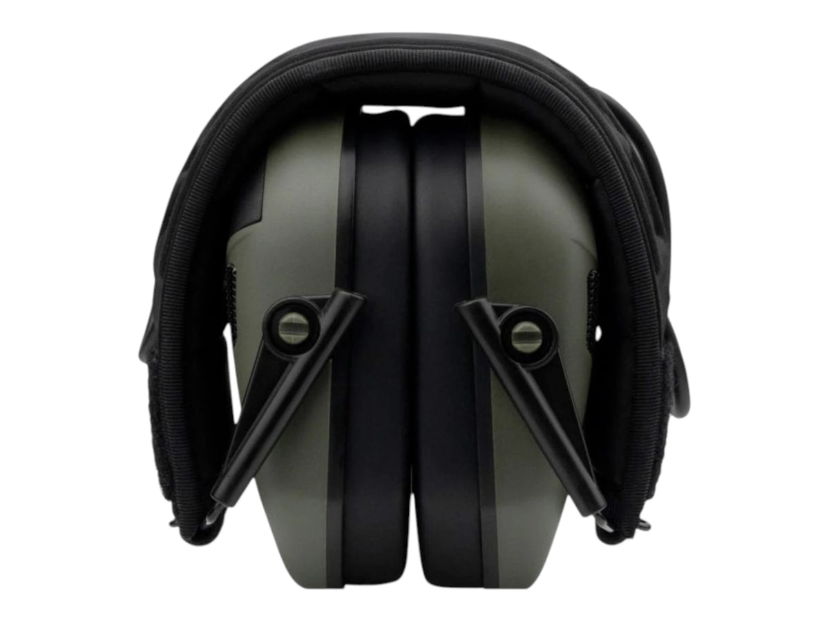 Green Earmor M300A electronic earmuffs folded flat with the cups turned inwards