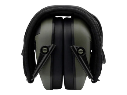 Green Earmor M300A electronic earmuffs folded flat with the cups turned inwards
