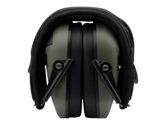 Green Earmor M300A electronic earmuffs folded flat with the cups turned inwards