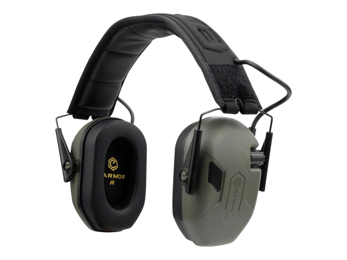 Green Earmor M300A electronic earmuffs viewed from the front with padded headband