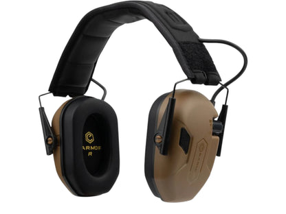 Coyote brown Earmor M300A electronic earmuffs viewed from the front with padded headband