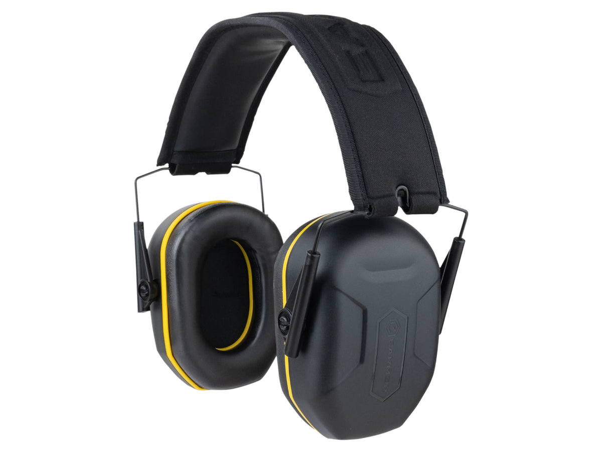Black and yellow Earmor M300L earmuffs viewed from the front with padded headband