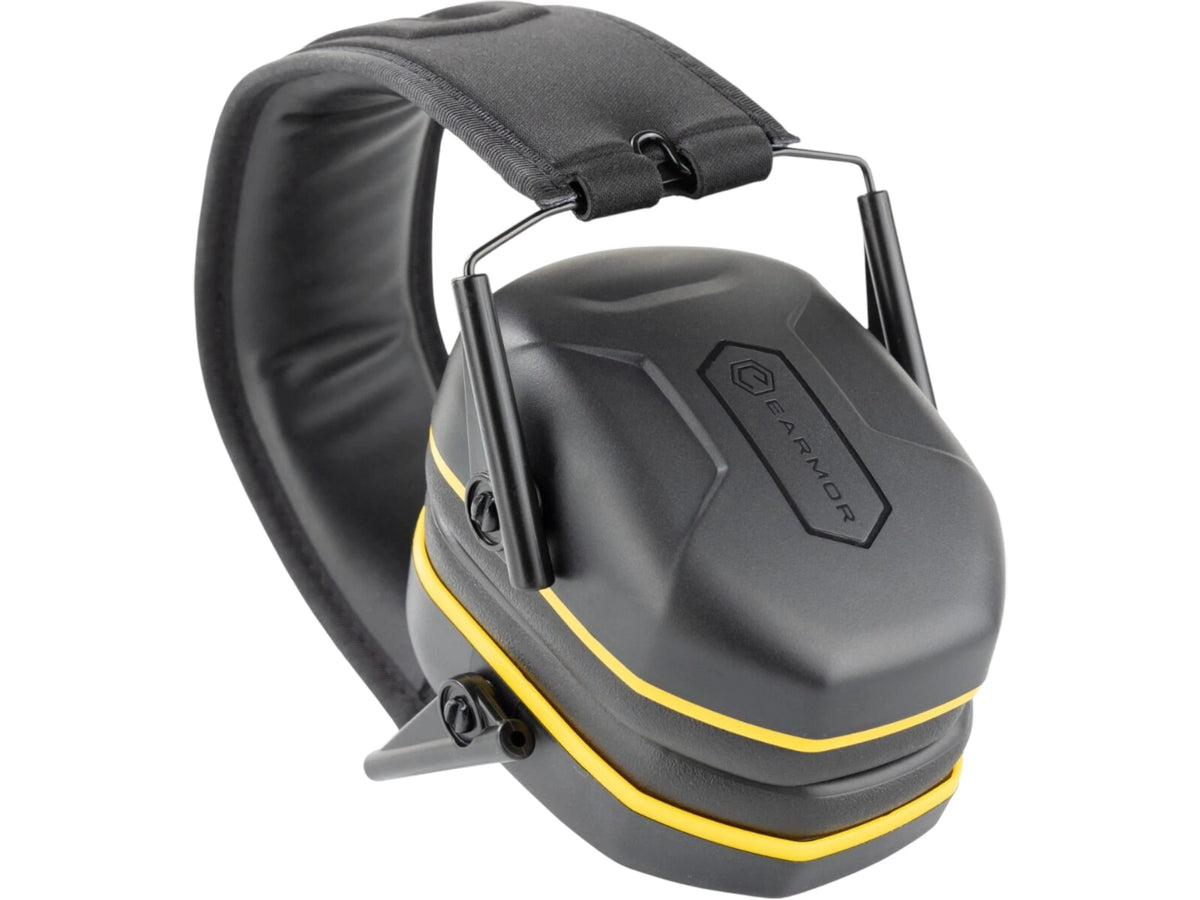 Earmor M300L earmuffs at an angle showing the yellow trim and folding cup arms