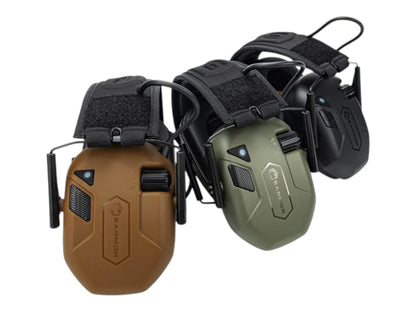 Three Earmor M300T Bluetooth earmuffs in coyote brown, green and black shown together