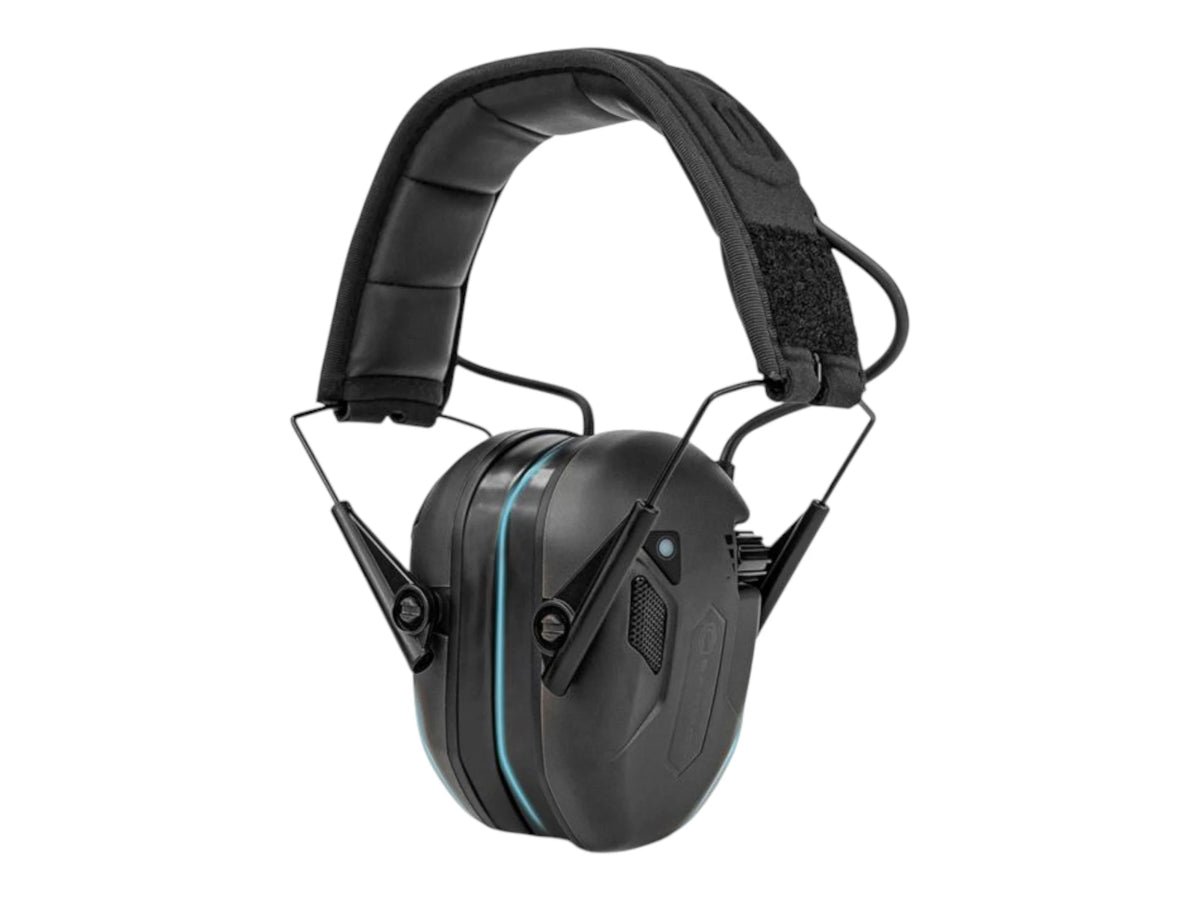 Black Earmor M300T Bluetooth earmuffs viewed from the front with padded headband