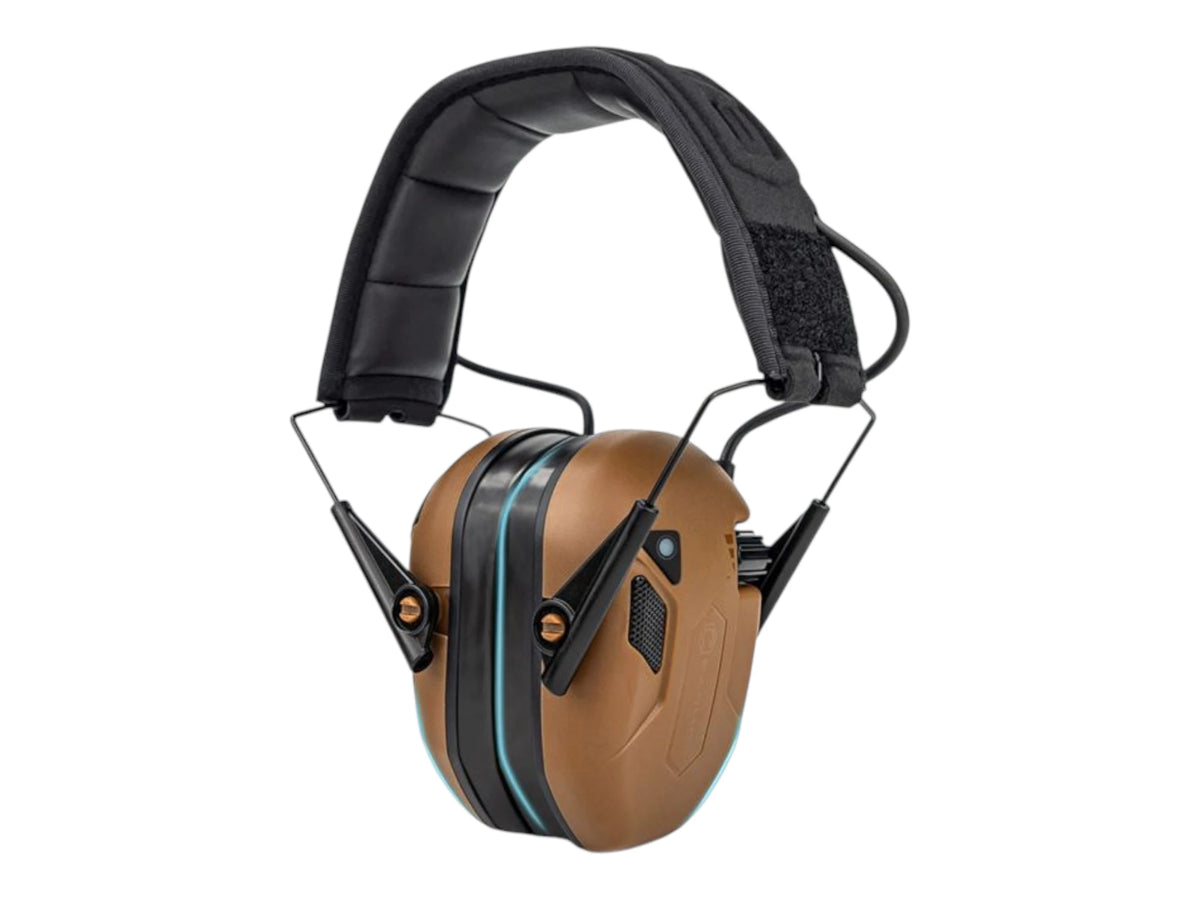 Coyote brown Earmor M300T Bluetooth earmuffs viewed from the front with padded headband