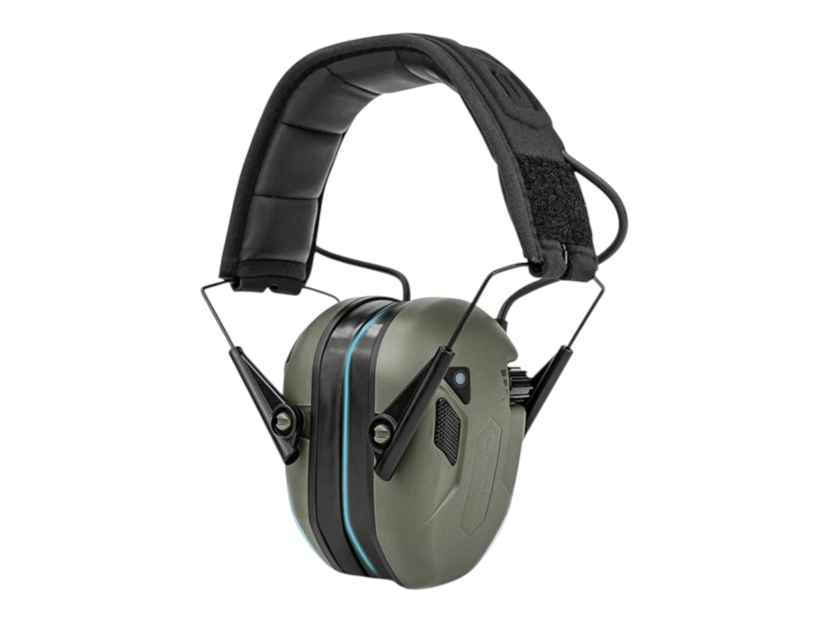 Ranger green Earmor M300T Bluetooth earmuffs viewed from the front with padded headband