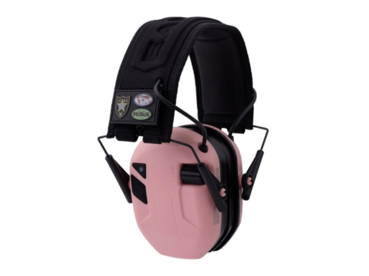 Pink Earmor M300T Bluetooth earmuffs viewed from the front with a black padded headband