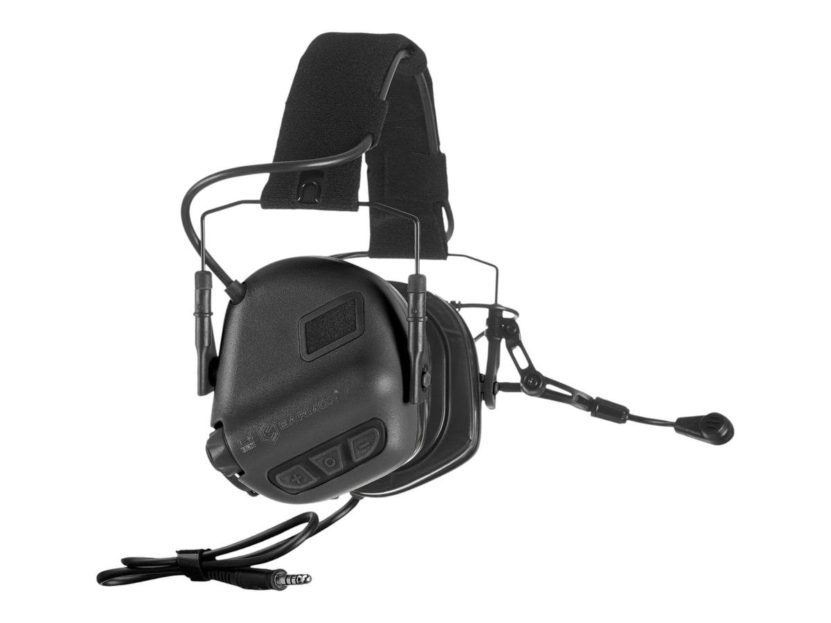 Black Earmor M32 Plus headset at an angle showing the cup controls, boom mic and downlead