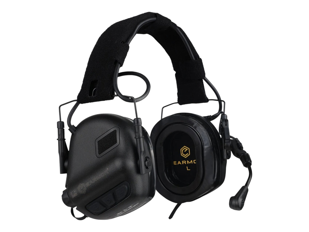 Black Earmor M32 Plus headset from the front with padded headband and boom microphone