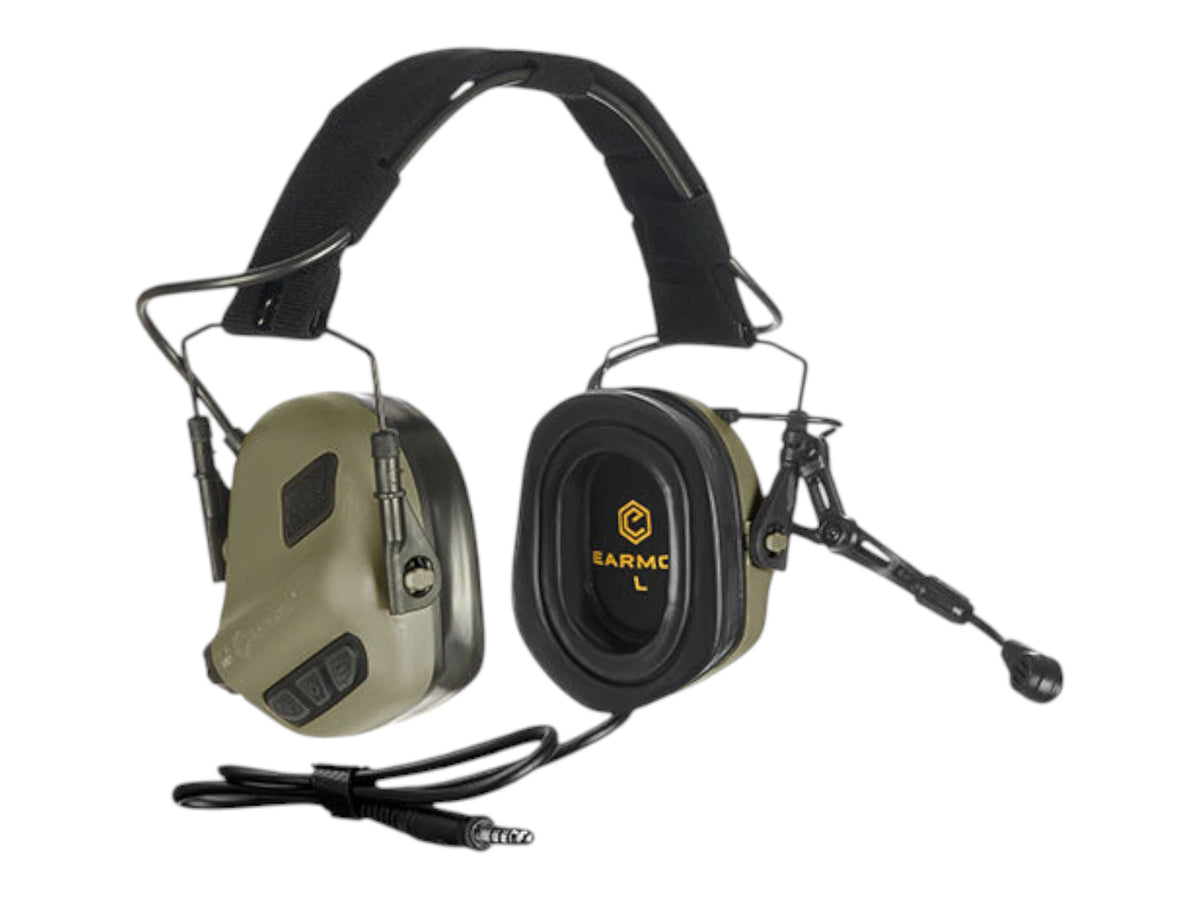 Ranger green Earmor M32 Plus headset from the front with black headband and boom microphone