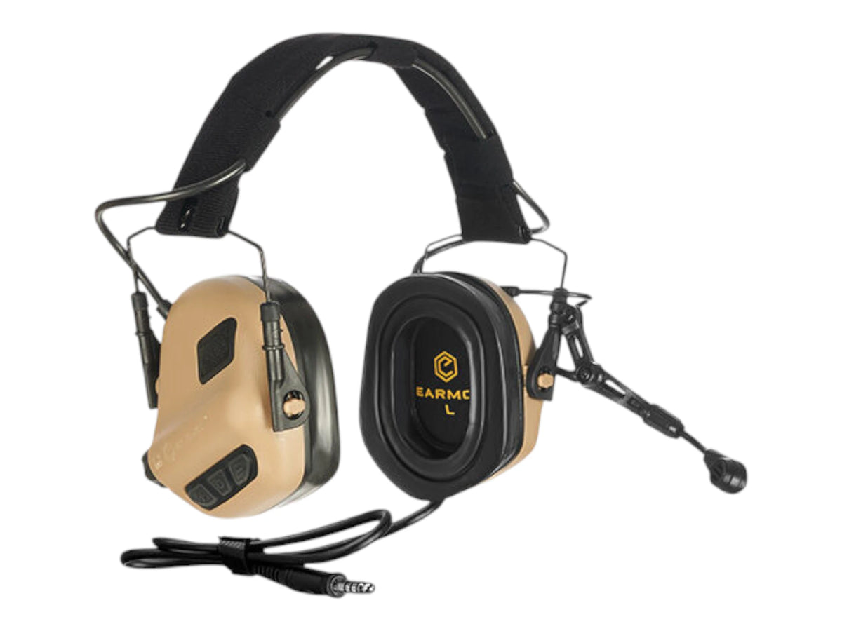 Tan Earmor M32 Plus headset from the front with black headband and boom microphone