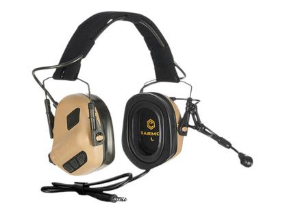 Tan Earmor M32 Plus headset from the front with black headband and boom microphone