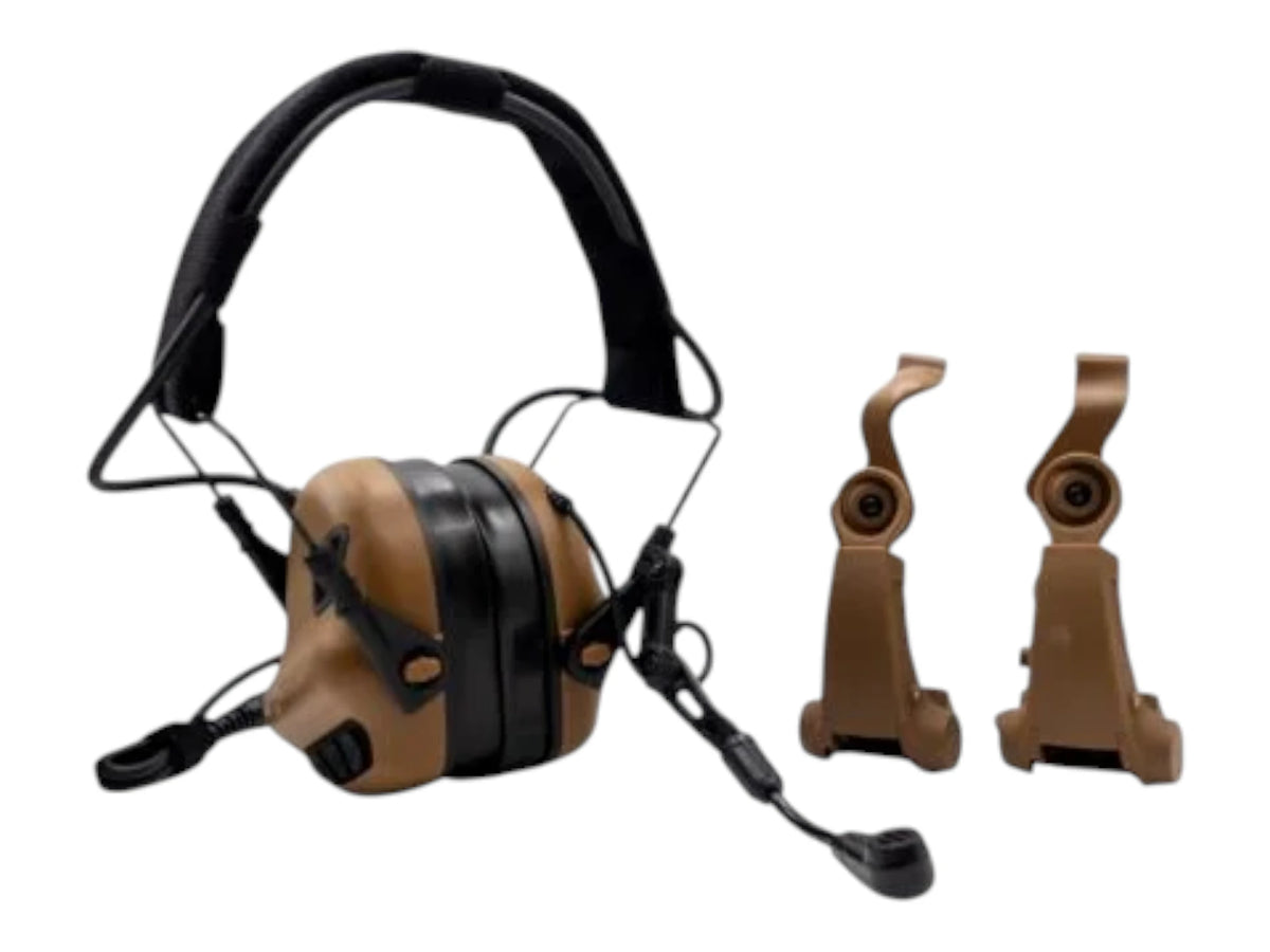 Coyote brown Earmor M32X Plus headset shown with a pair of tan helmet rail adapter arms