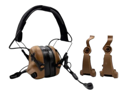 Coyote brown Earmor M32X Plus headset shown with a pair of tan helmet rail adapter arms