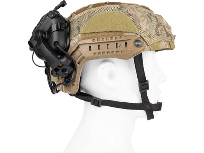 Camo-covered helmet on a mannequin with a black M32X Plus ear cup mounted on the side rail