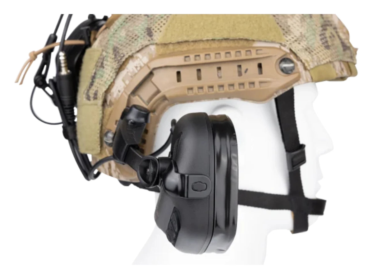 Side view of a camo helmet with the M32X Plus ear cup swung down into the wearing position