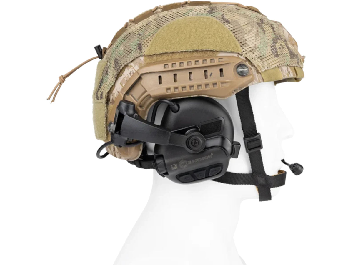 Rear three-quarter view of a camo helmet showing the M32X Plus boom microphone and downlead