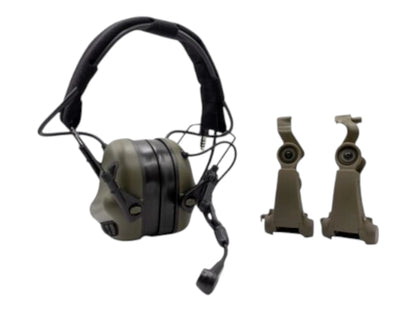 Ranger green Earmor M32X Plus headset shown with a pair of green helmet rail adapter arms