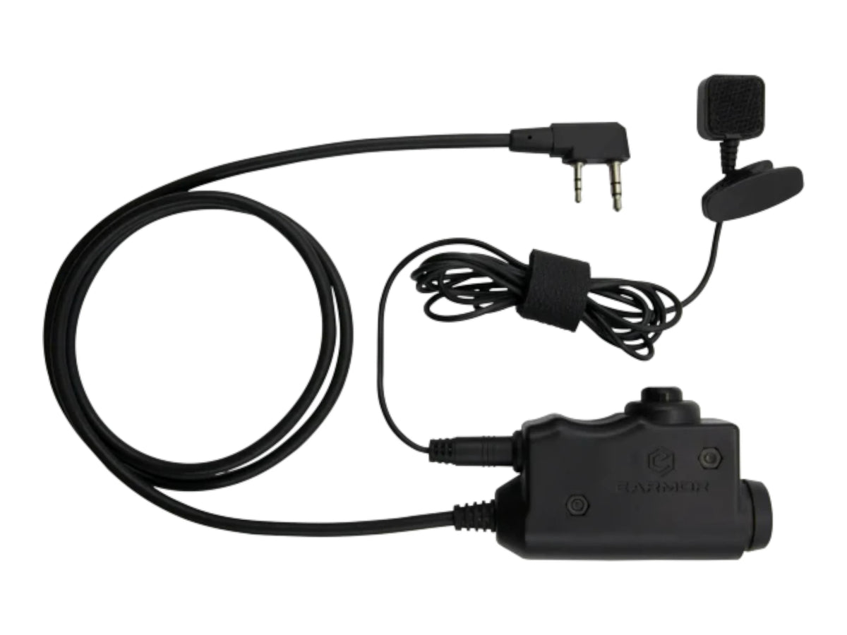 Earmor M52 PTT with coiled cable, Kenwood two-pin plug, clip-on microphone and press switch