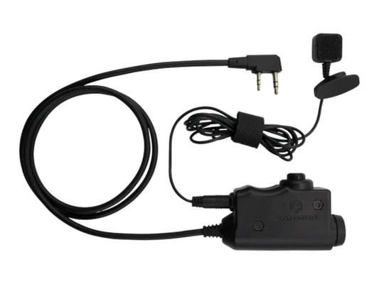 Earmor M52 PTT with coiled cable, Kenwood two-pin plug, clip-on microphone and press switch