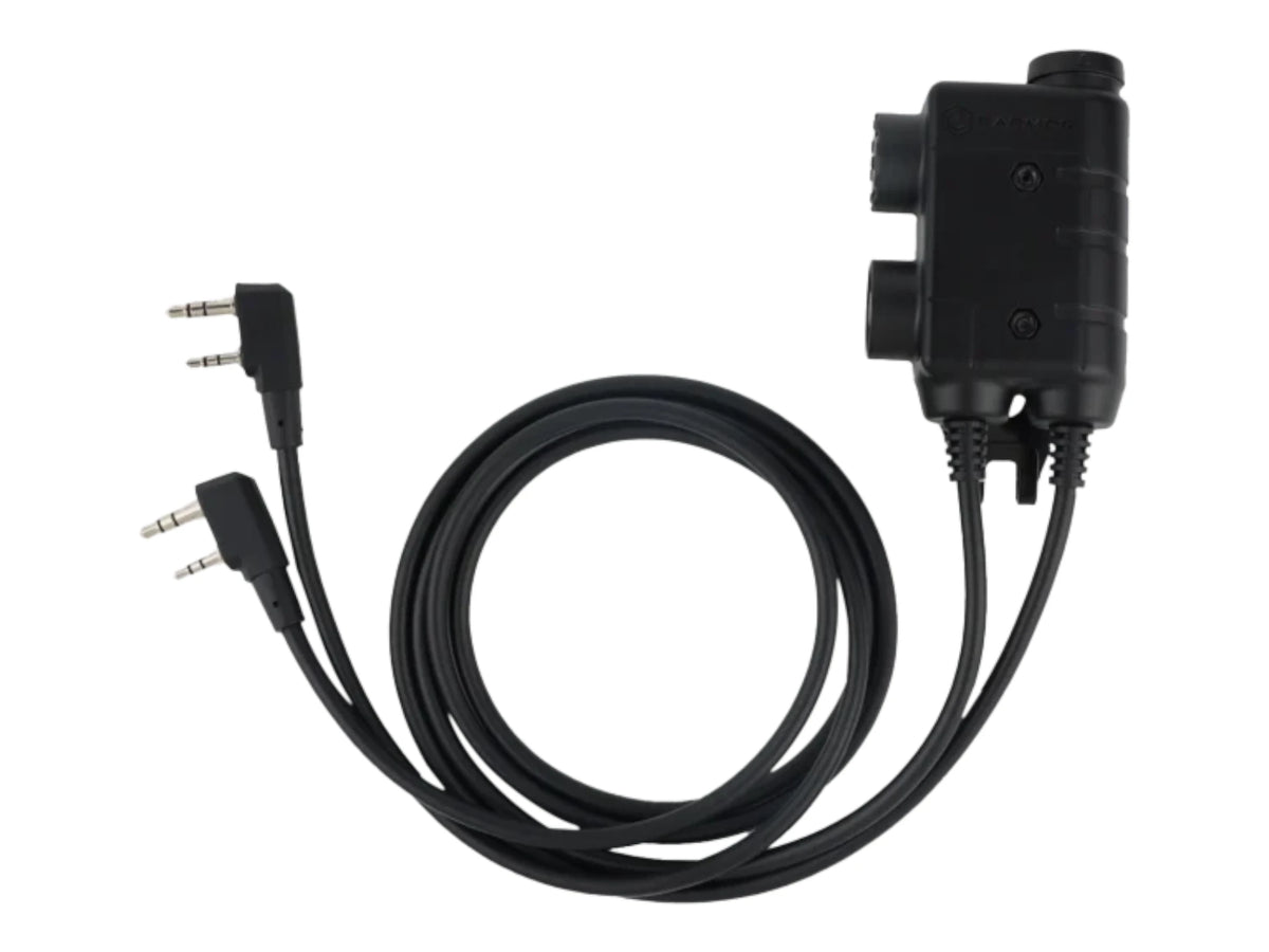 Earmor M56 dual comm PTT with coiled cable, two Kenwood connectors and a U-174 headset plug