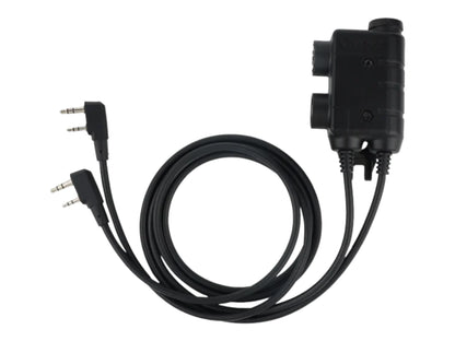 Earmor M56 dual comm PTT with coiled cable, two Kenwood connectors and a U-174 headset plug