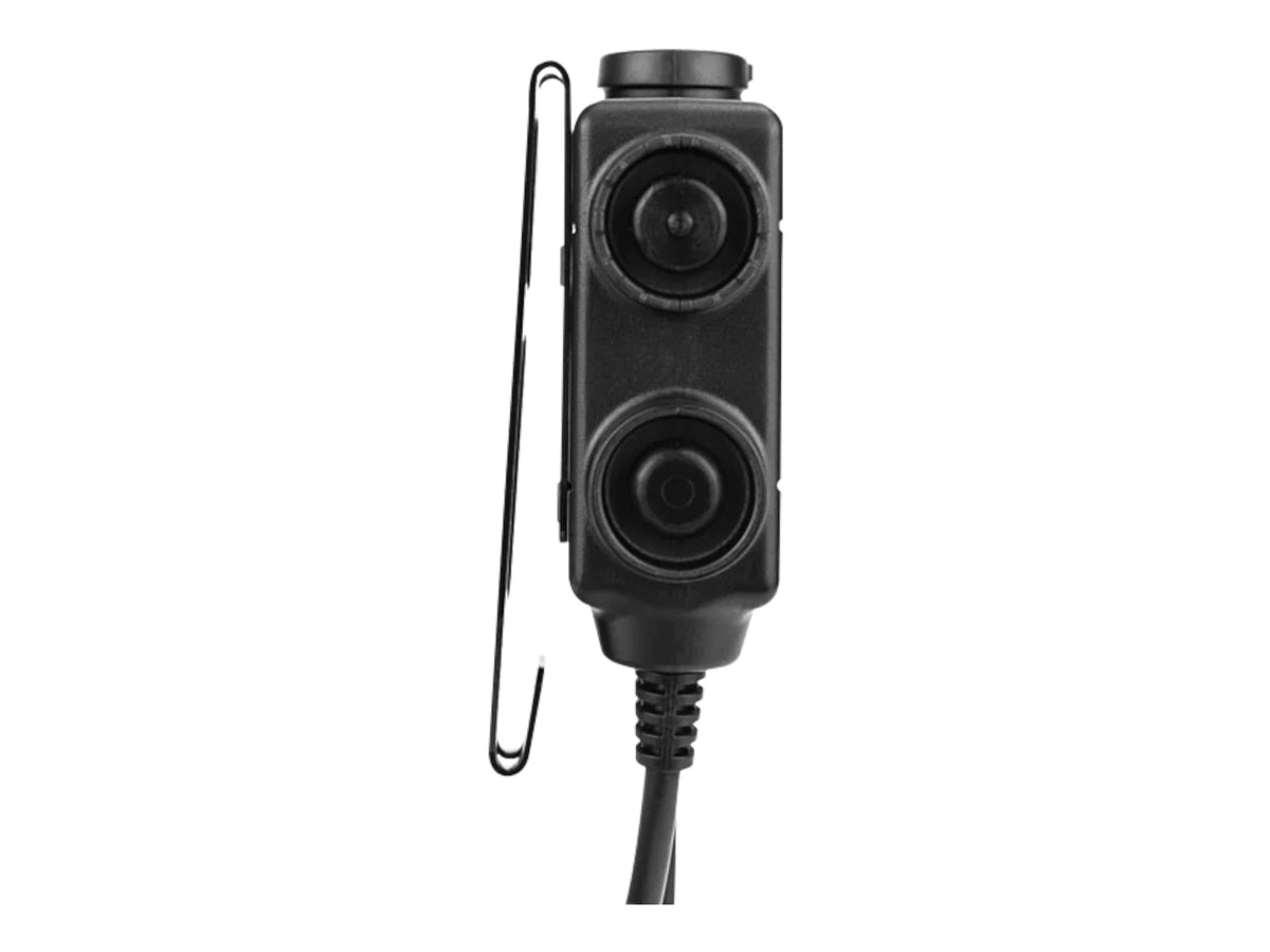 Earmor M56 PTT from the front showing the two rubber press buttons and the wire belt clip