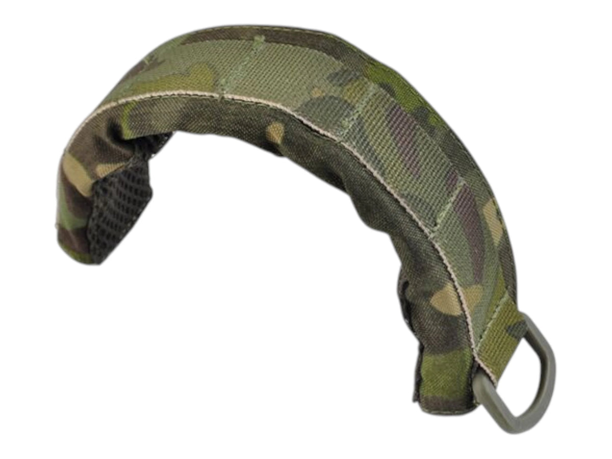Earmor M61 modular headband in Starry Green camo, shown from the side with its metal end loop