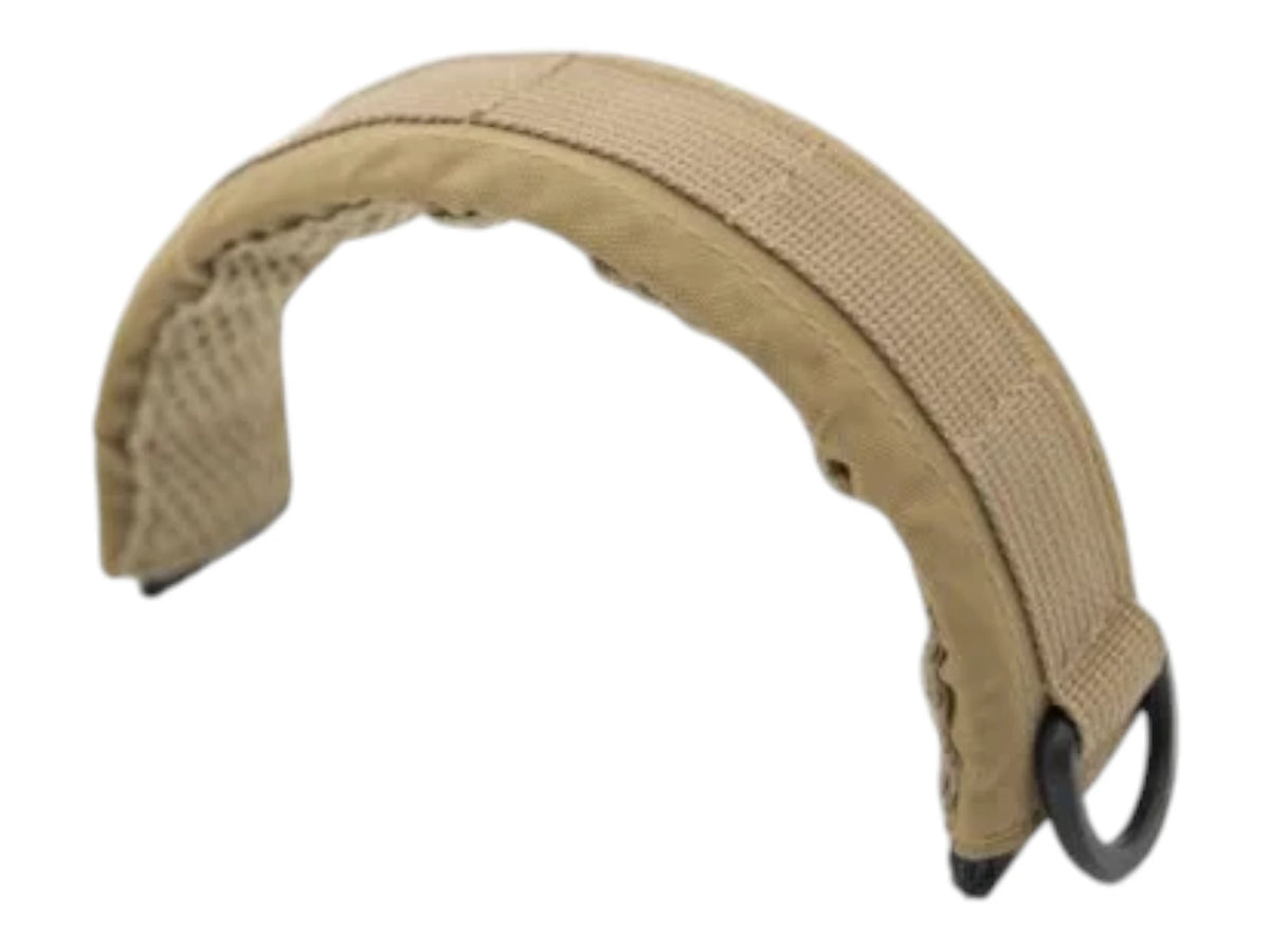 Earmor M61 modular headband in coyote tan, shown from the side with its metal end loop