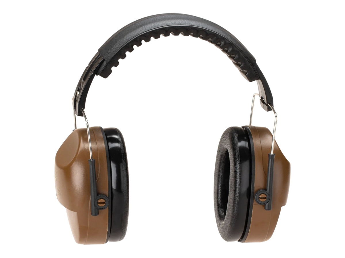 Brown Earmor MaxDefense M06A ear defenders viewed from the front with the headband extended