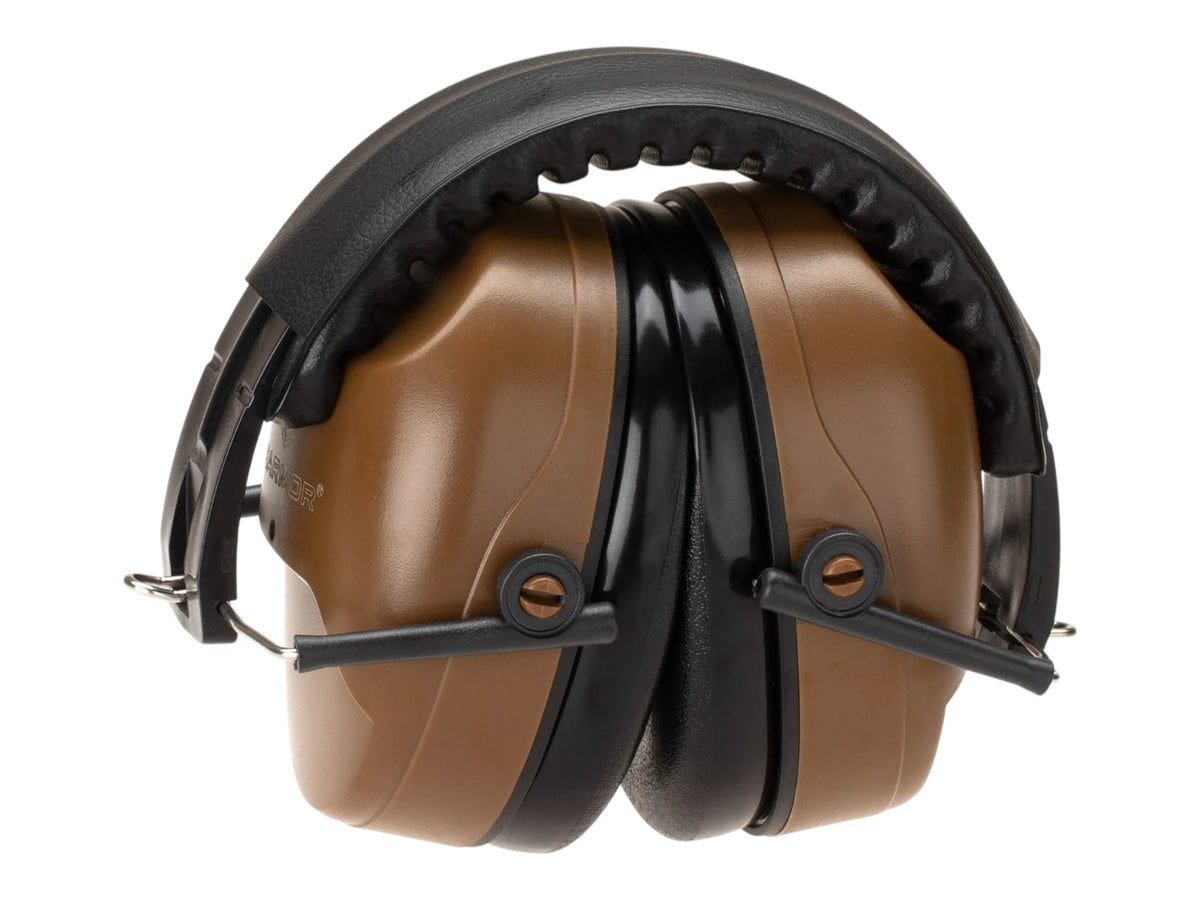 Brown Earmor MaxDefense M06A ear defenders folded flat with the cups turned inwards