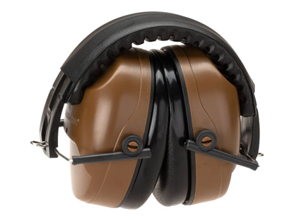 Brown Earmor MaxDefense M06A ear defenders folded flat with the cups turned inwards