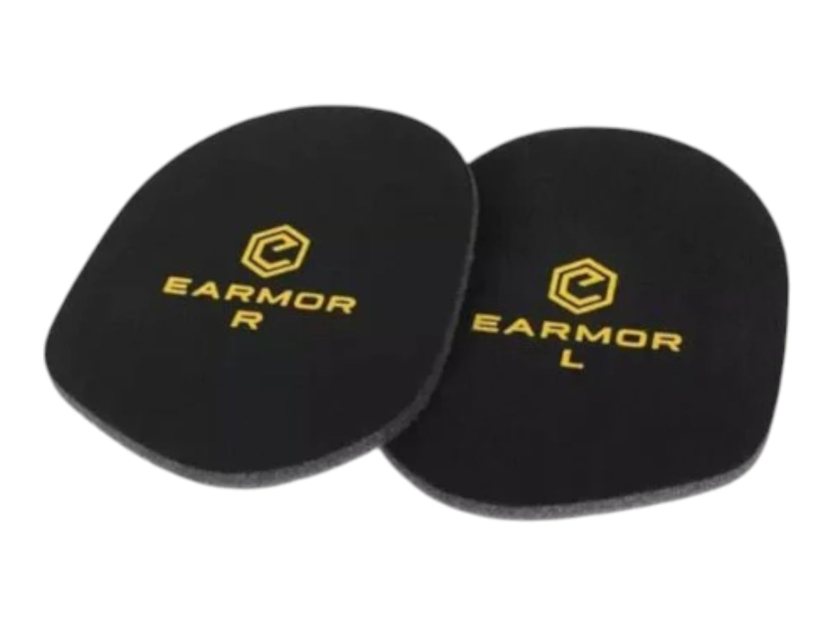 Pair of black Earmor S05 foam ear pads marked left and right with the gold Earmor logo