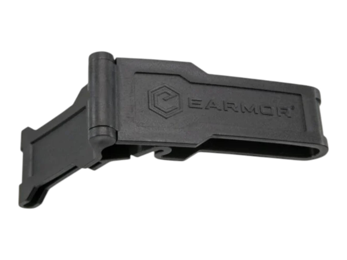 Black Earmor S08 belt clip shown from the side with the moulded Earmor logo