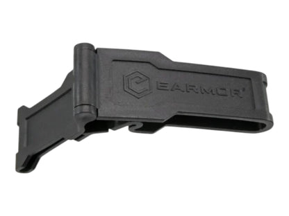 Black Earmor S08 belt clip shown from the side with the moulded Earmor logo