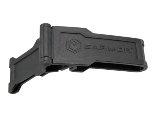 Black Earmor S08 belt clip shown from the side with the moulded Earmor logo