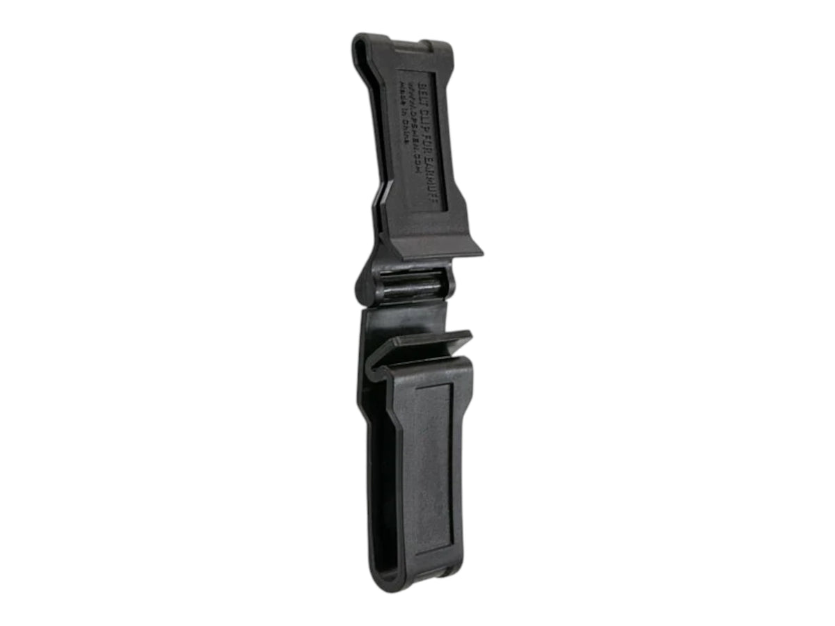 Earmor S08 belt clip at an angle, showing the two-part buckle and rotating body