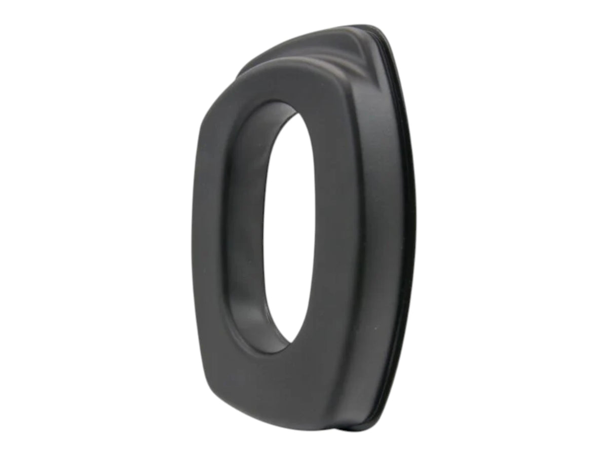 Single black gel ear pad for Howard Leight Impact Sport earmuffs, shown at an angle
