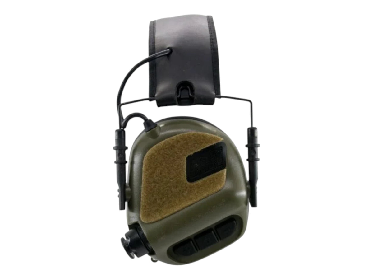 Green Earmor ear cup fitted with a coyote tan hook and loop panel on a helmet rail adapter