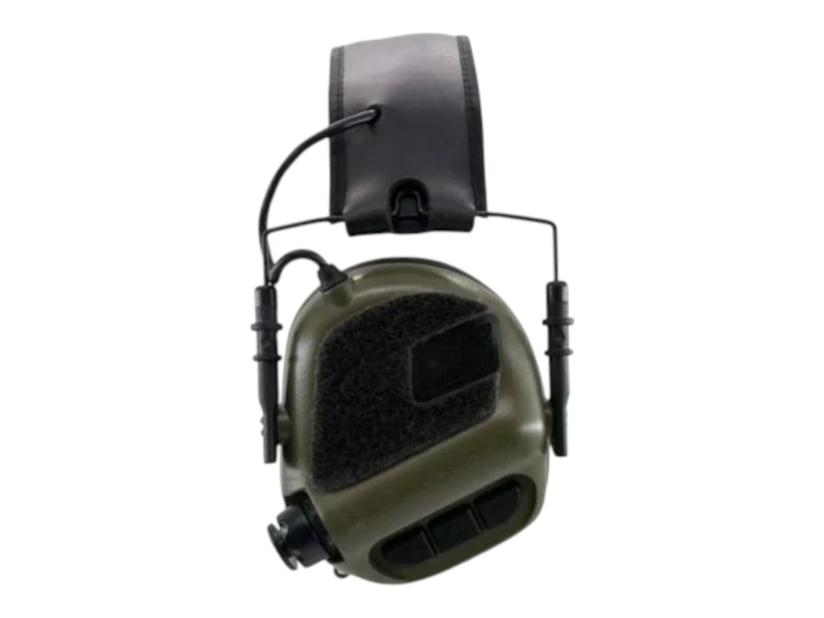 Green Earmor ear cup fitted with a black hook and loop panel, mounted on a helmet rail arm