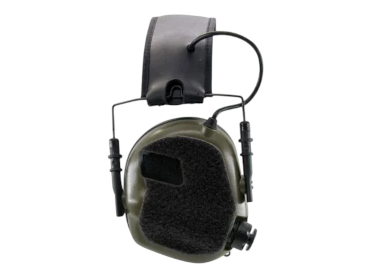 Green Earmor ear cup with a full black hook and loop panel covering the outer shell